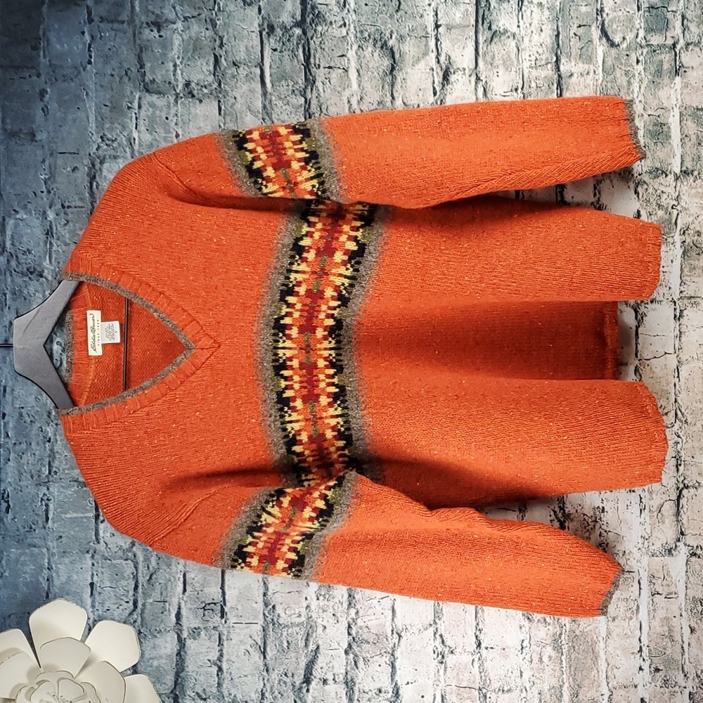 Eddie Bauer | Wool Blend Fair Isle Chunky Orange Wool Crewneck Pullover Sweater